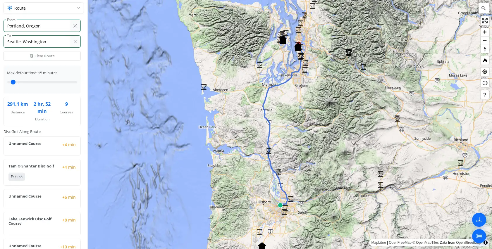 Disc golf route planner showing courses along a route from Portland to Seattle with detour times